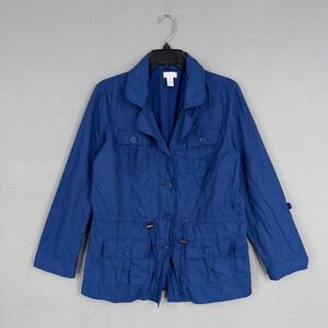 Chicos Jacket Womens Medium Blue Twill Utility Field Chore Coat Drawstring Waist